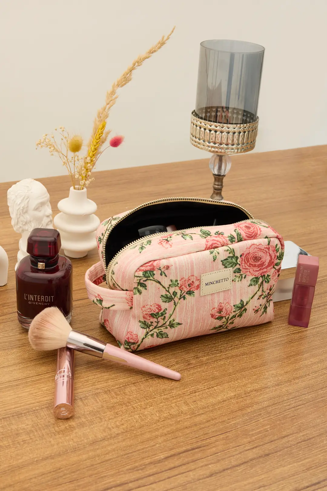 Minchetto Trio – Pembe Floral Desenli Çanta, 15-16 İnç Laptop Kılıfı ve Makyaj Çanta Seti