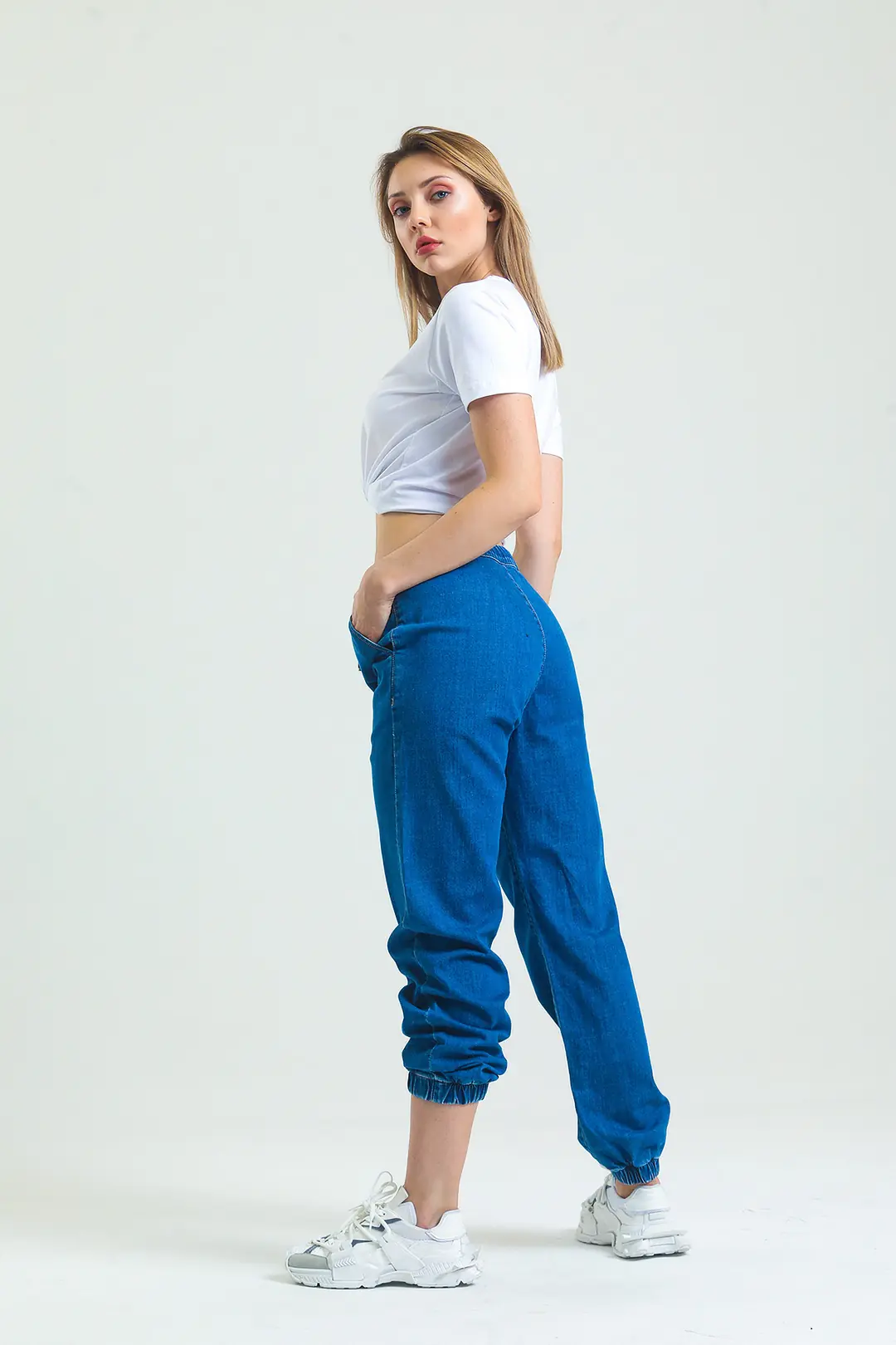 Jogger Kadın Mavi Yan cep Lycralı Lastikli Denim Jean Kot Pantolon