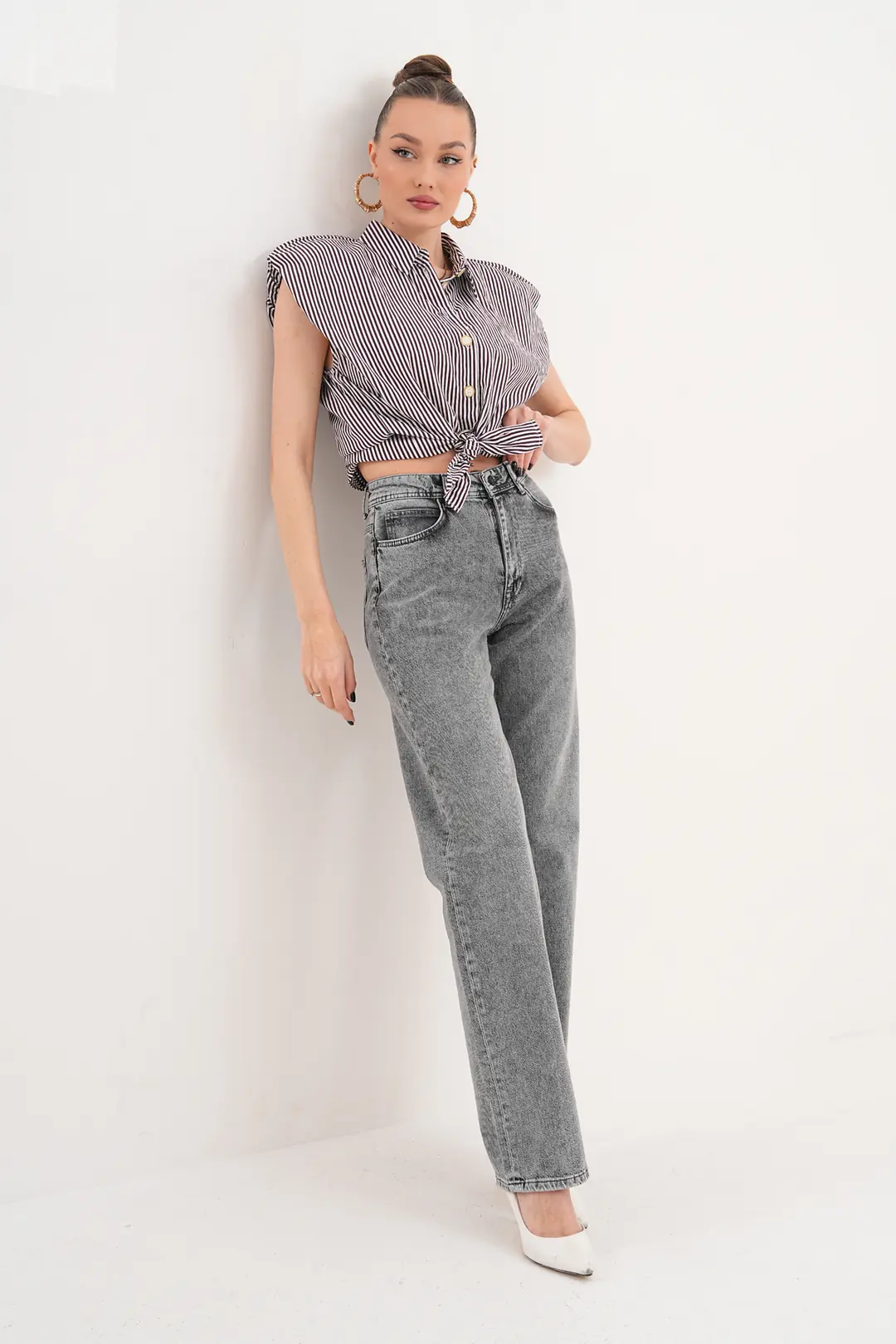 6011 - Kadın Yüksek Bel Straight Fit Gri Jean Kot Pantolon