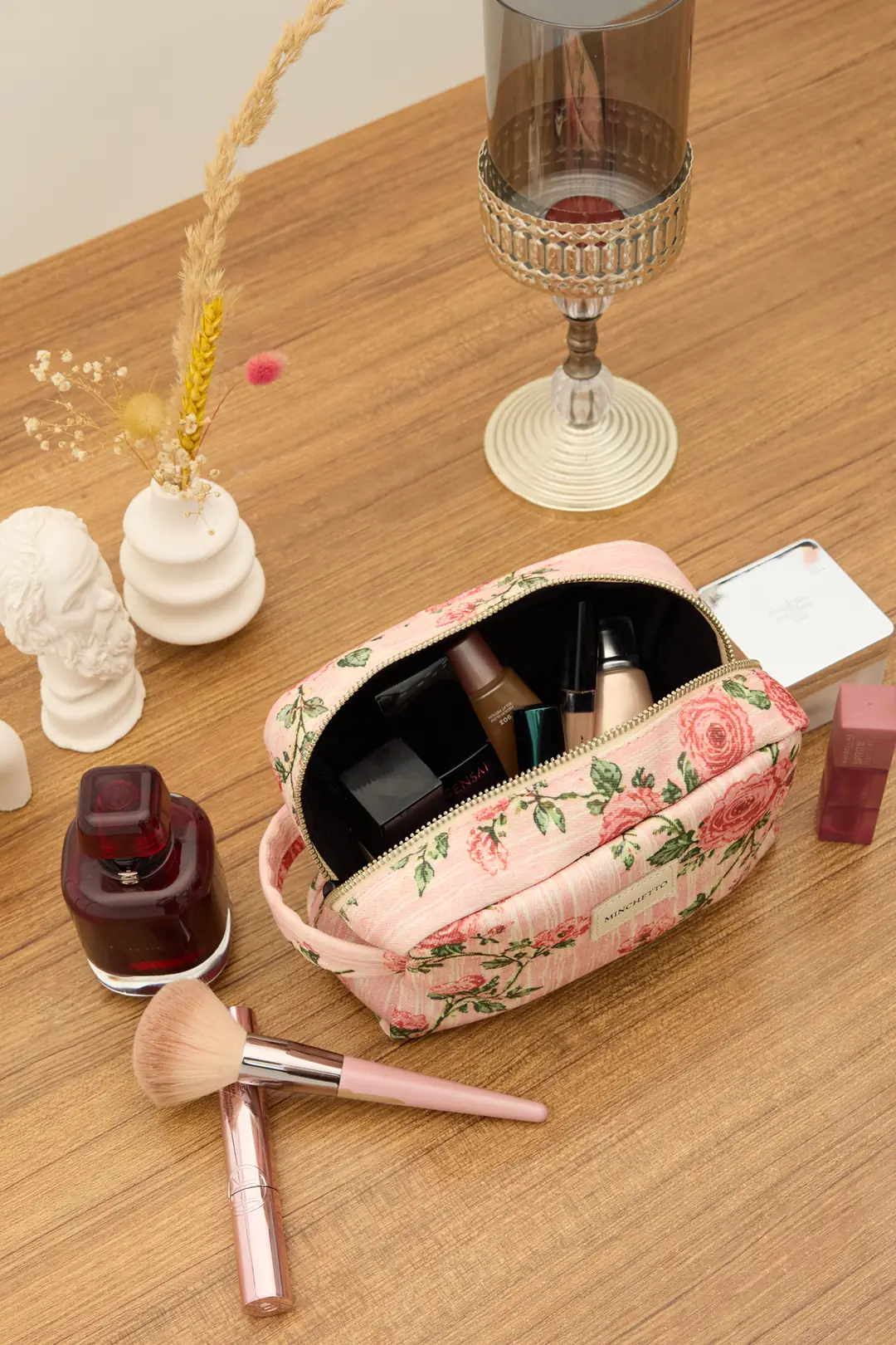 Aura Pembe Mini Floral Desenli Makyaj Çantası