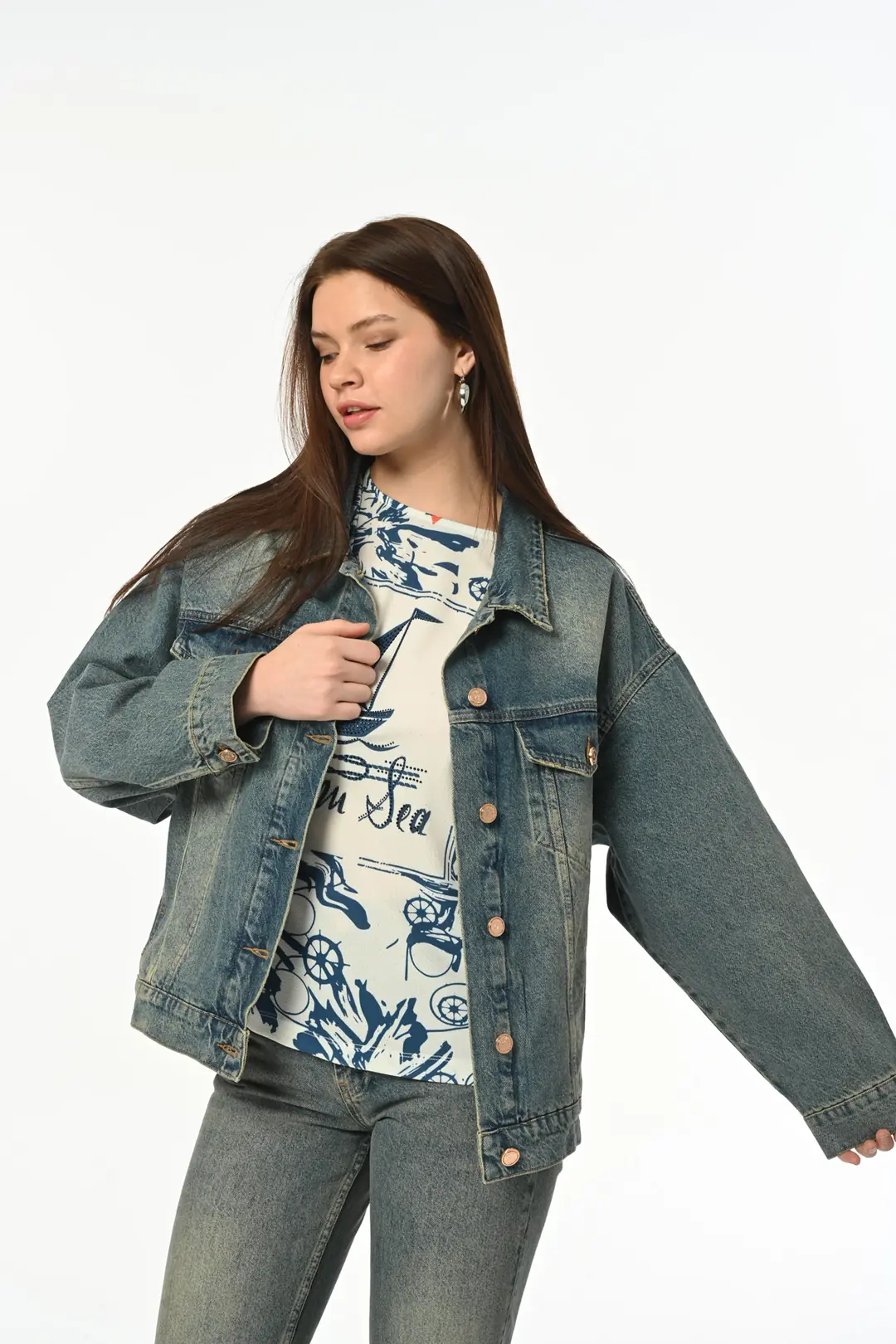 Klasik D266 Günlük Kadın Jean Rigit Young Önden Cep Denim Ceket