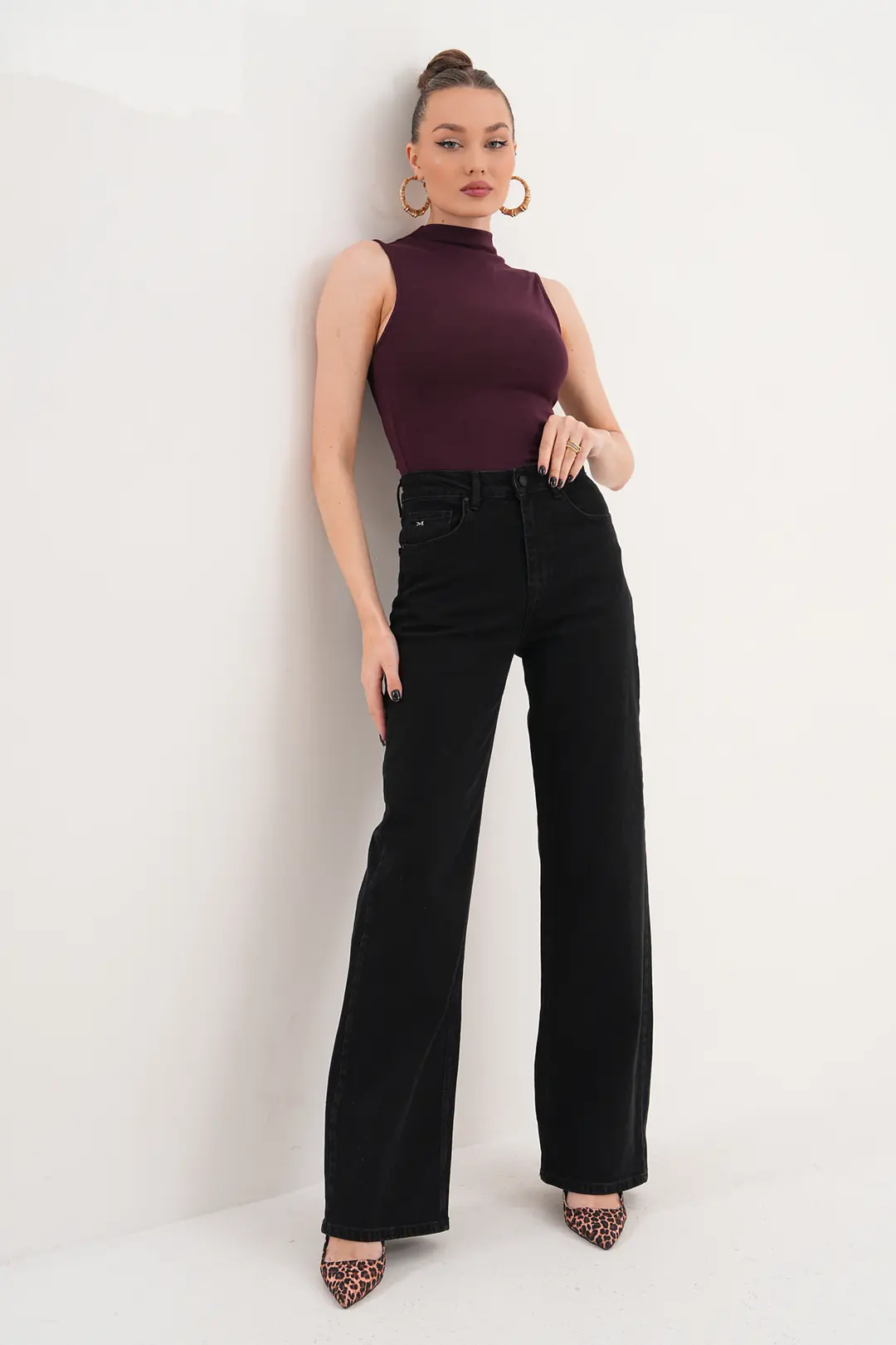 6038 - Kadın Yüksek Bel Wide Leg Geniş Paça Jean Pantolon