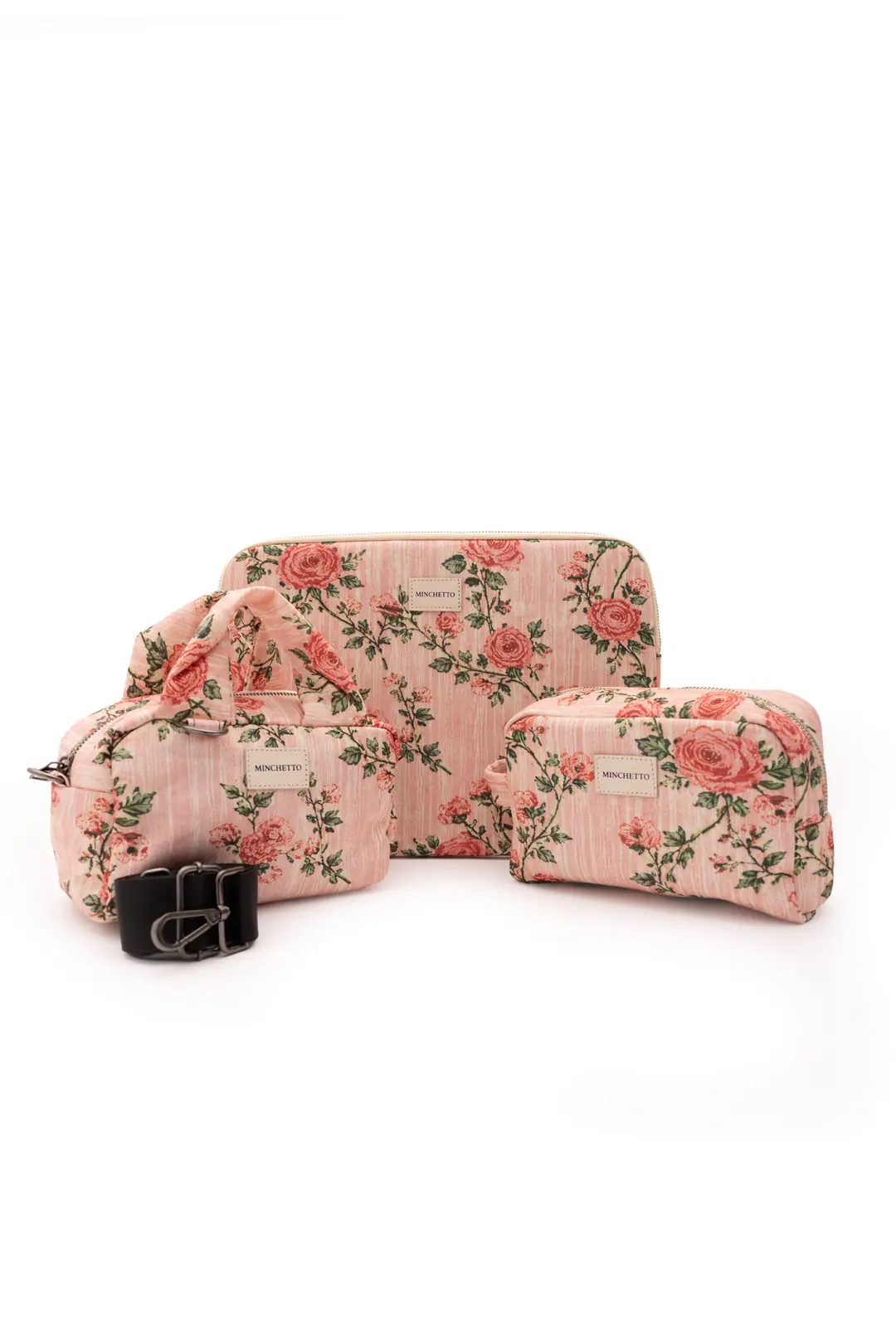Ürün görseli: Minchetto Trio – Pembe Floral Desenli Çanta, 13-14 İnç Laptop Kılıfı ve Makyaj Çanta Seti