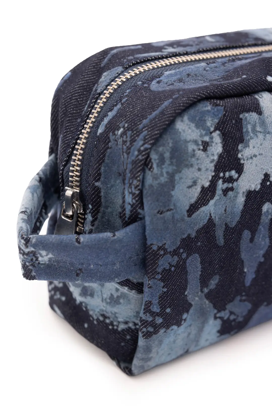 Aura Mavi Etnik Flok Baskılı Denim Makyaj Çantası