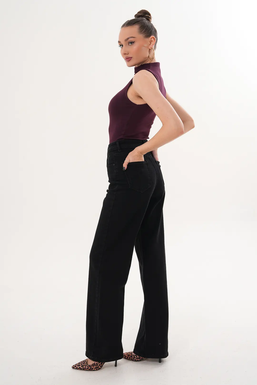 6038 - Kadın Yüksek Bel Wide Leg Geniş Paça Jean Pantolon