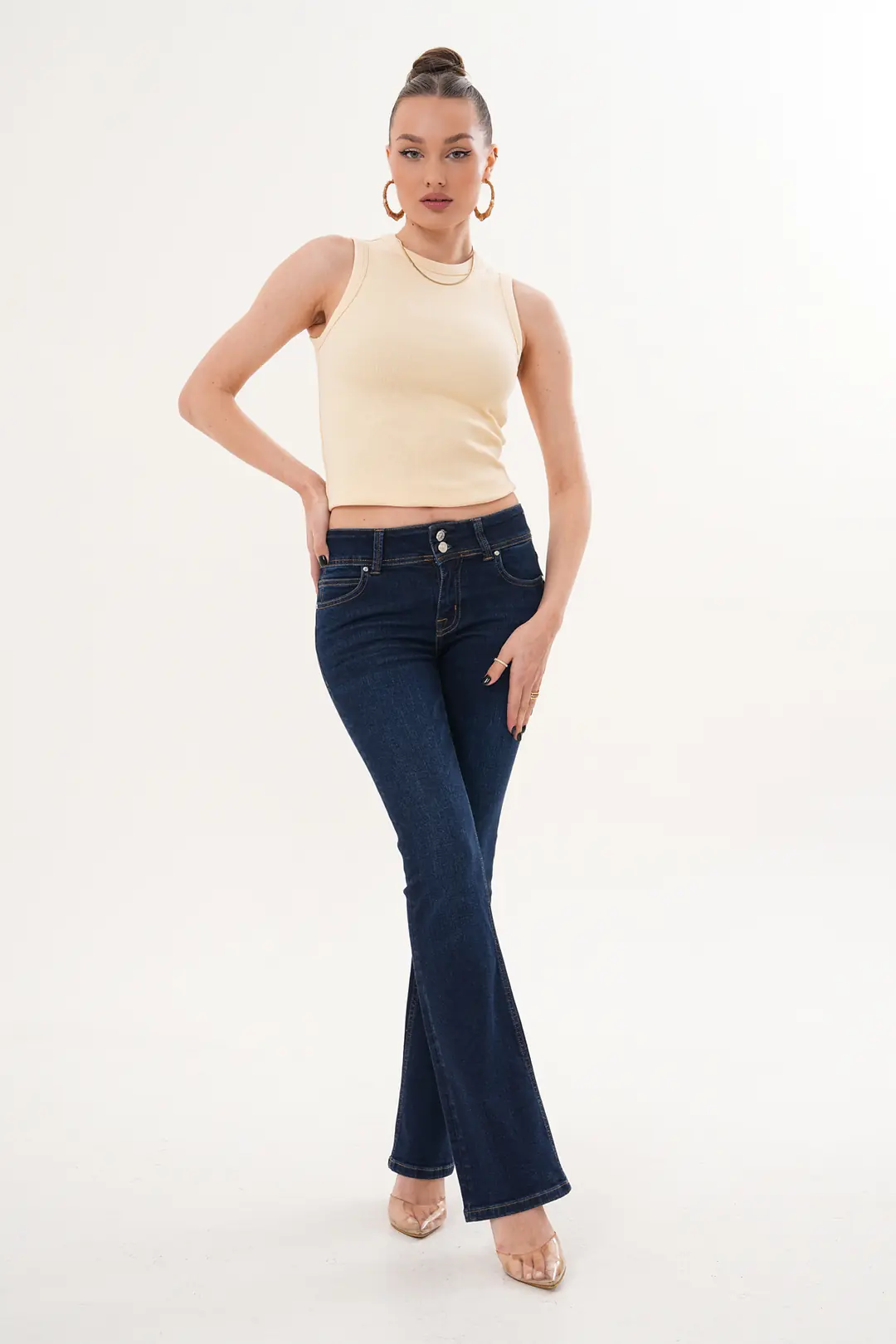 6040 - Kadın Düşük Bel Flare Fit İspanyol Paça Jean Pantolon