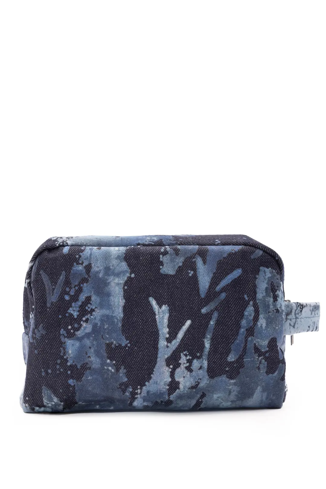 Aura Mavi Etnik Flok Baskılı Denim Makyaj Çantası