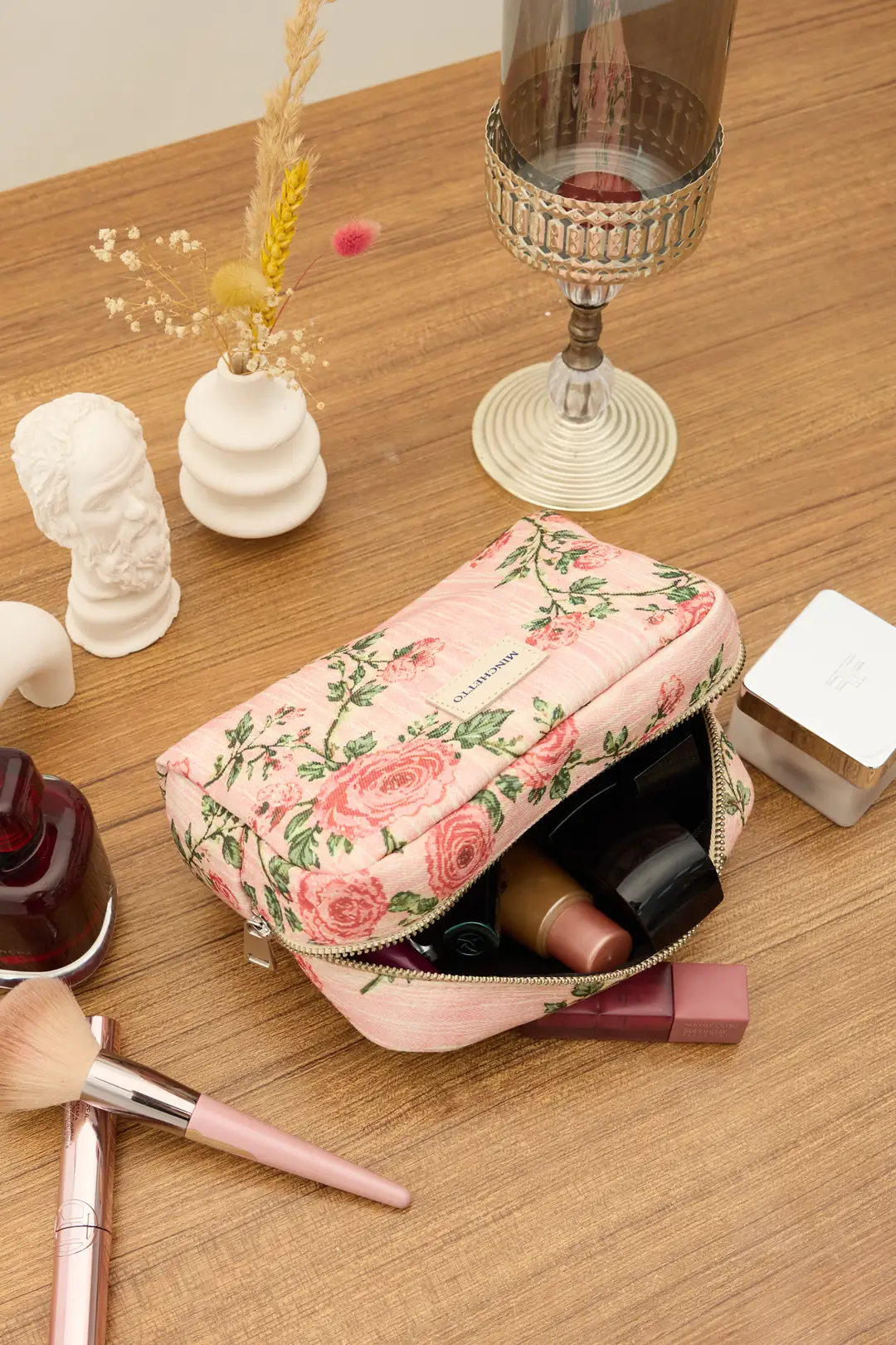Aura Pembe Mini Floral Desenli Makyaj Çantası
