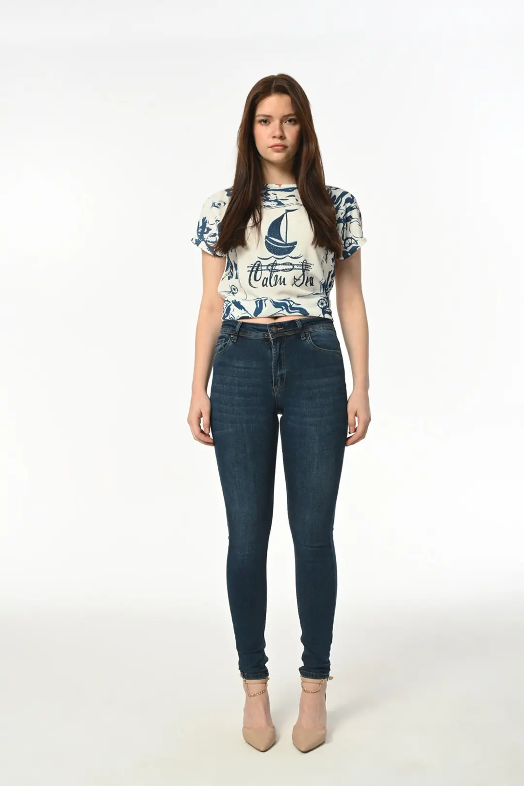 Skınny Kadın Mavi Stretch Yüksek Bel 5 Cep Denim Jean Kot Pantolon