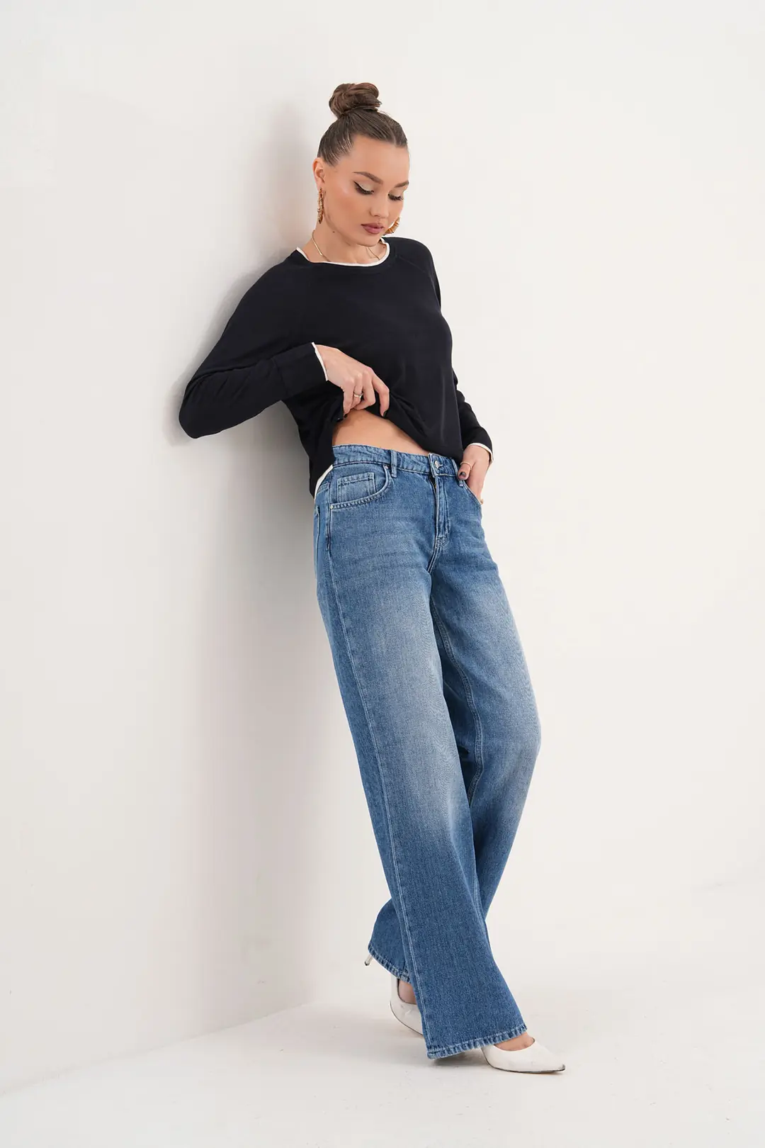 6016 - Kadın Normal Bel Wide Leg Jean Pantolon