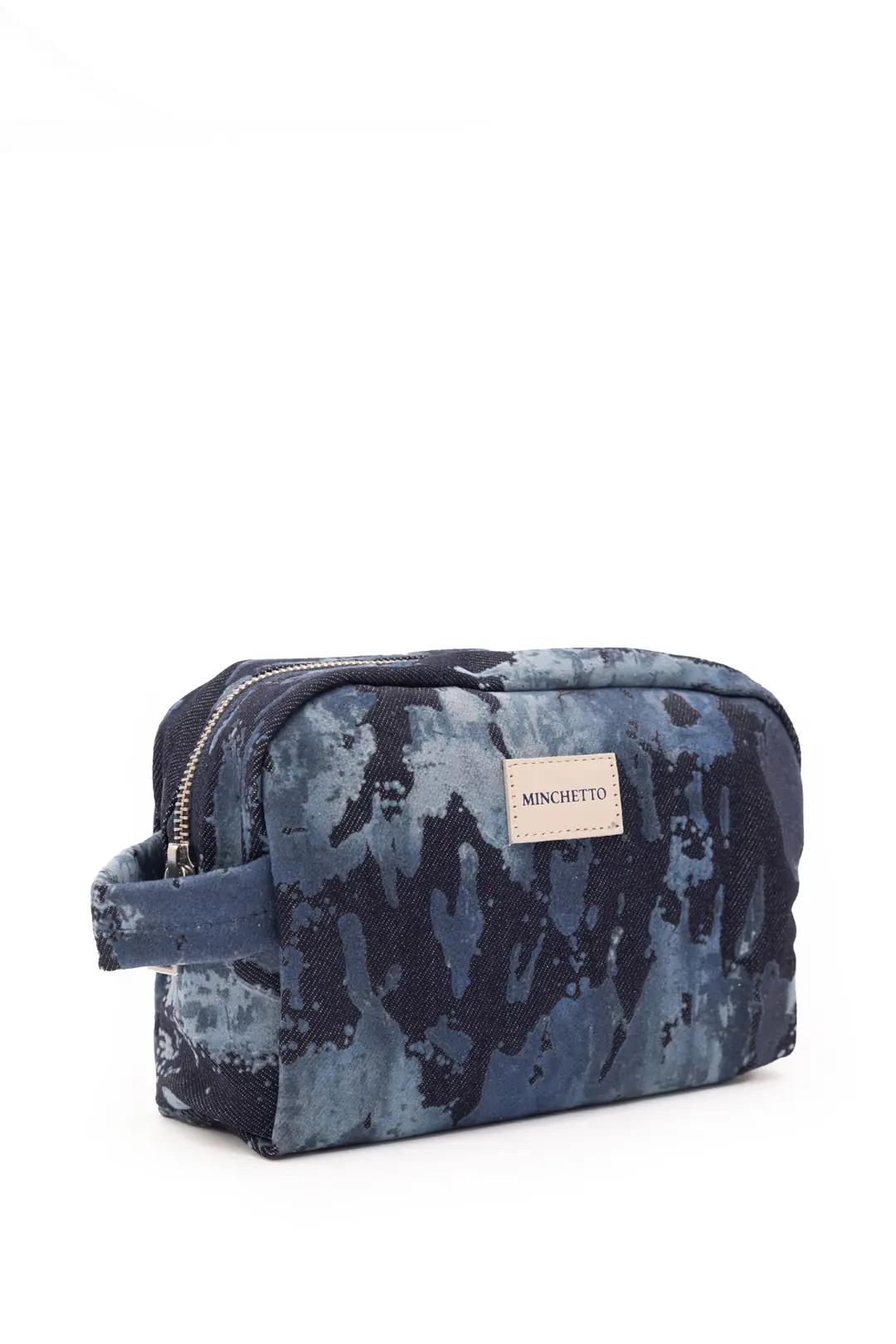 Aura Mavi Etnik Flok Baskılı Denim Makyaj Çantası