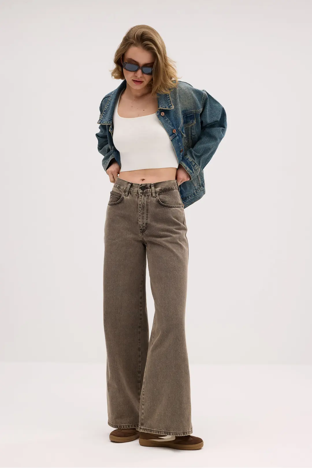 Ürün görseli: Wide Leg Kadın Kahverengi Rigid Yüksek Bel 5 Cep Denim Jean Kot Pantolon