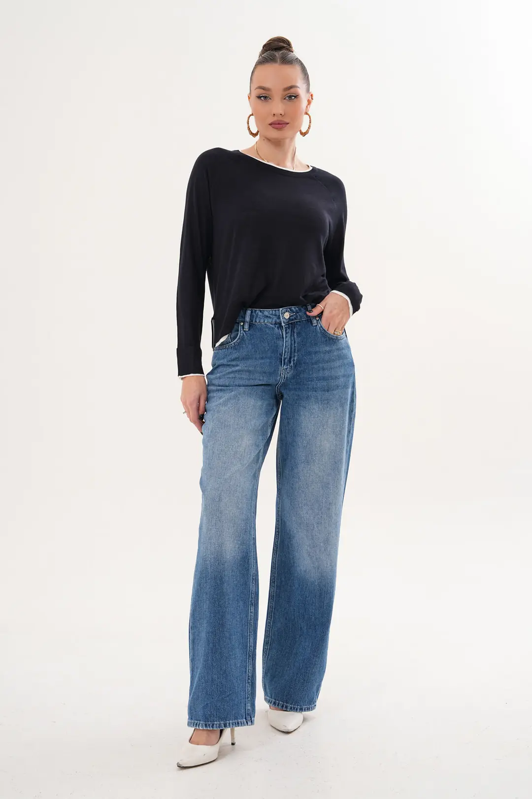 Ürün görseli: 6016 - Kadın Normal Bel Wide Leg Jean Pantolon - Blue