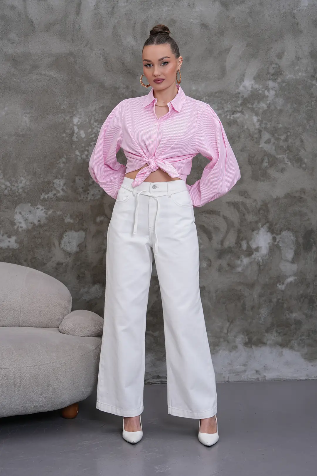 Ürün görseli: 6022 - Kadın Normal Bel Baggy Fit Geniş Paça Jean Pantolon - Ecru