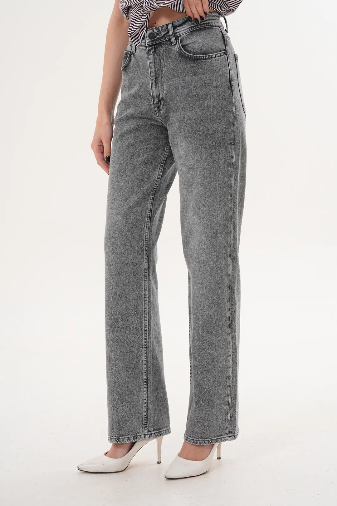 6011 - Kadın Yüksek Bel Straight Fit Gri Jean Kot Pantolon