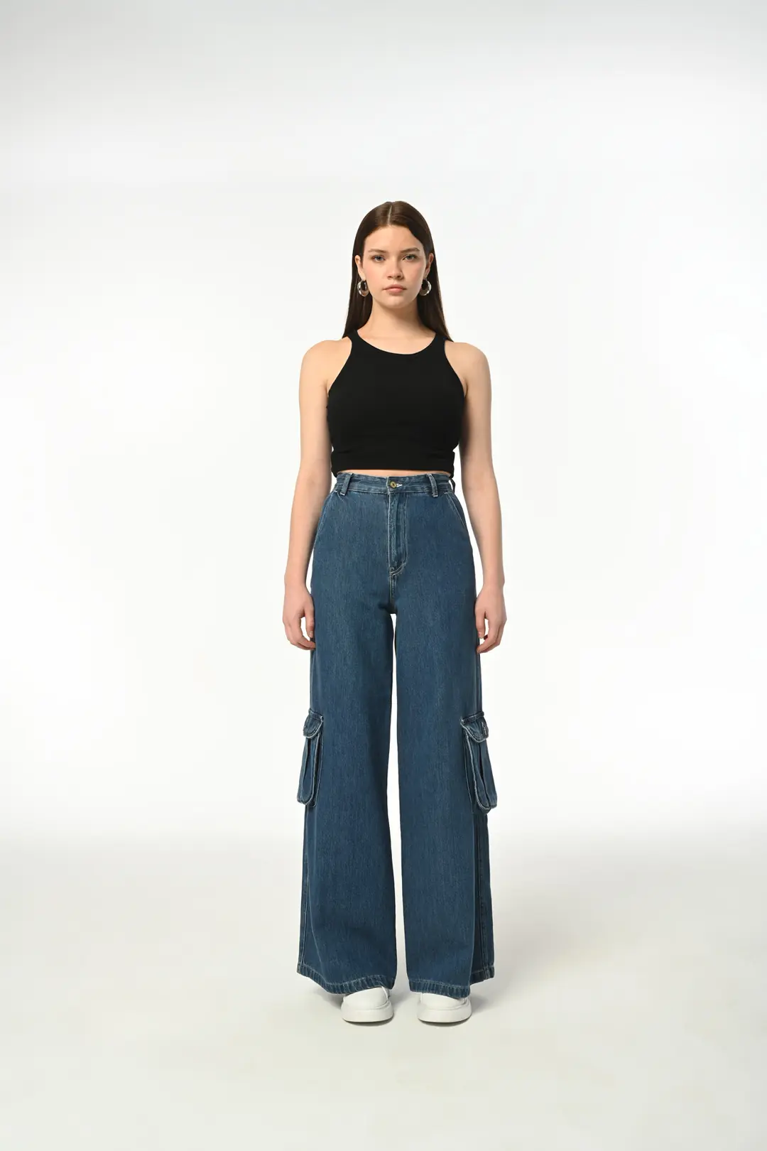 Ürün görseli: Wide Leg CARGO POCKET Günlük Kadın Jean Rigit Yüksek Bel Young Cargo Cep Denim Pantolon