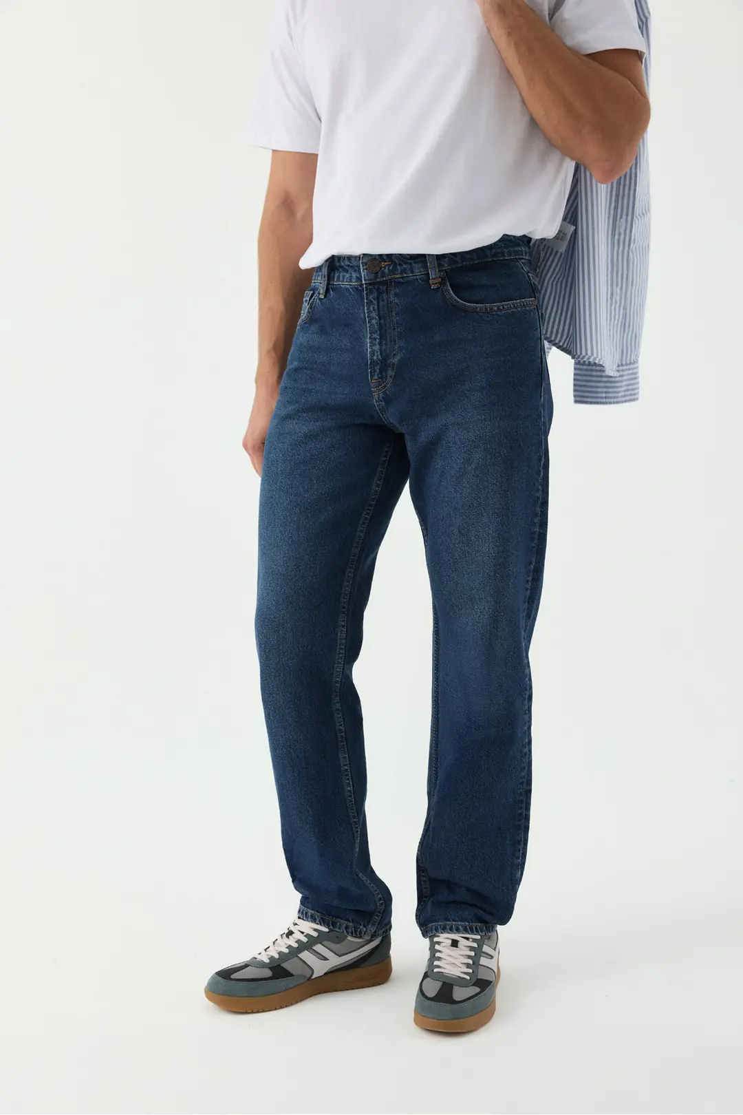 Straight Erkek Mavi Rigid Normal Bel 5 Cep Denim Jean Kot Pantolon