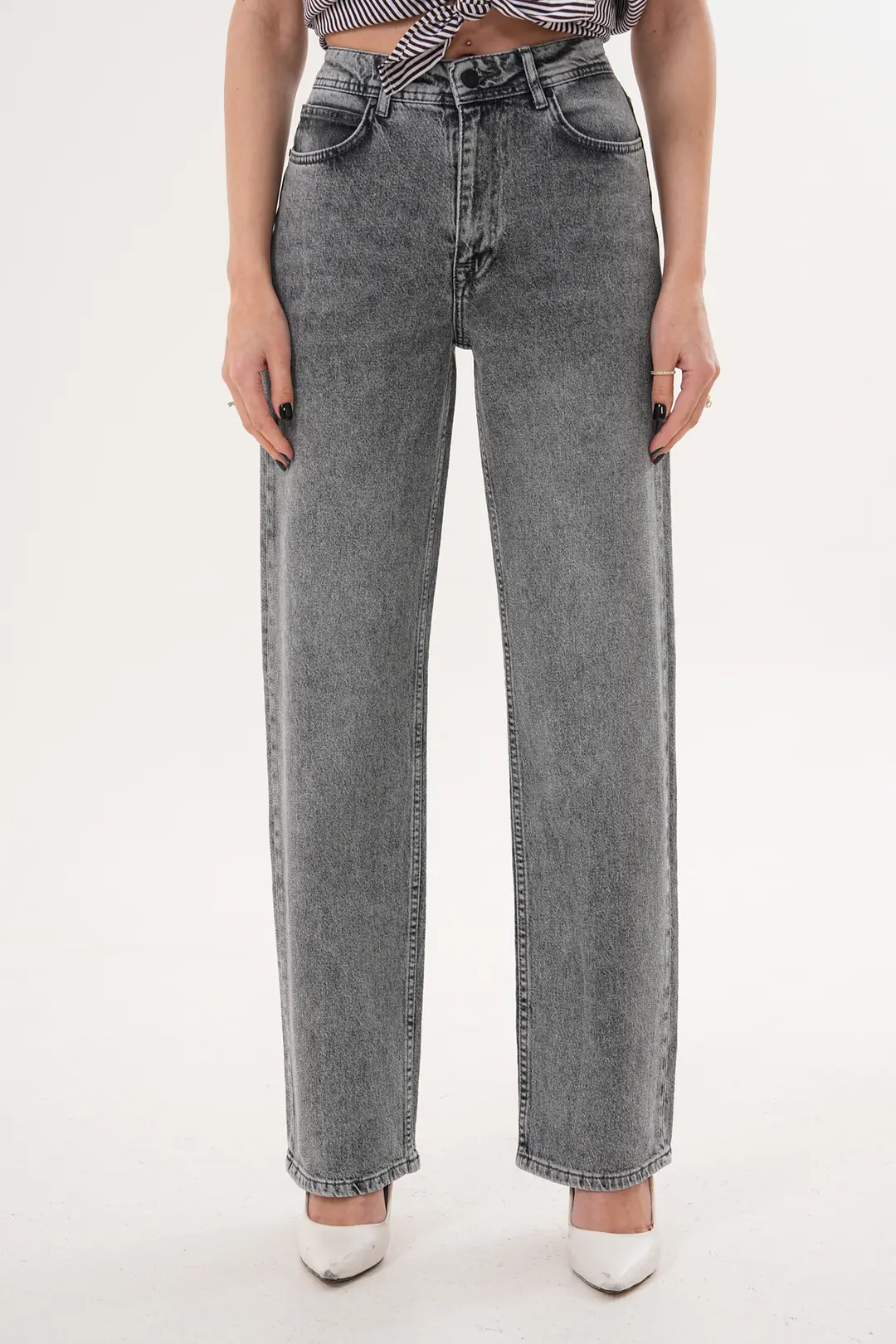 6011 - Kadın Yüksek Bel Straight Fit Gri Jean Kot Pantolon